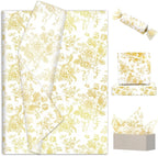 JarThenaAMCS 100 Sheets Floral Tissue Paper Gold Flower Gift Wrapping Paper Vintage Decorative Art Paper for Home Party DIY Crafts Supplies, 14 x 20 Inch