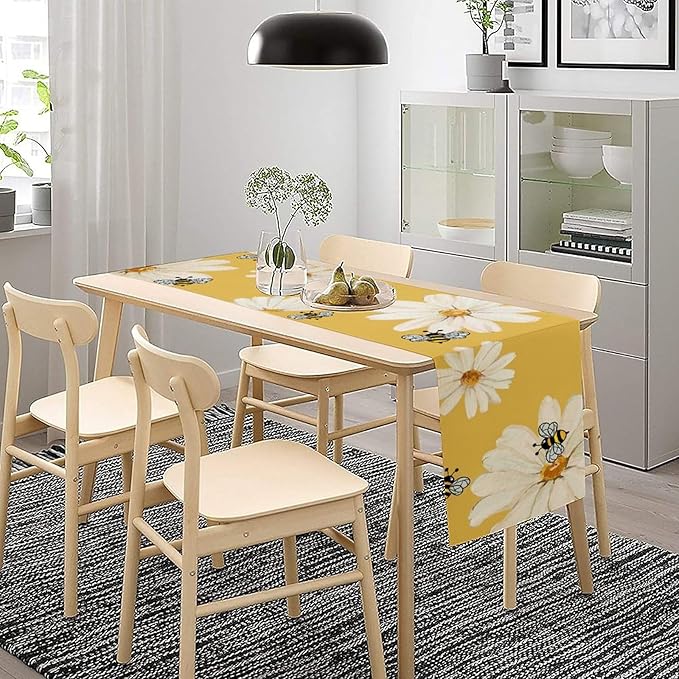 Daisy Flower Table Runner, Summer Spring Seasonal Watercolor Wildflower Yellow Bee Print Table Cover for Home Party Decor Kitchen Dining Table, 13x36inch