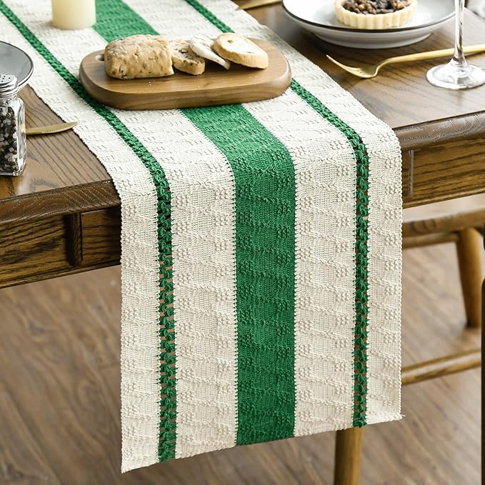 Artoid Mode Dark Green Farmhouse Woven Rustic Table Runner, Seasonal Holiday Hollow Kitchen Dining Table Decoration for Home Party Decor 12x120 Inch