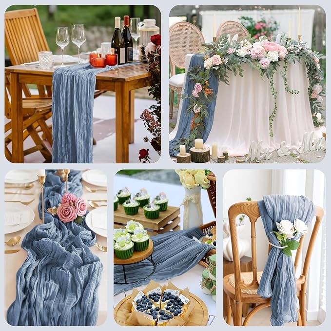 Asee'm 2pcs Cheesecloth Table Runner 120 Inches Dusty Blue Boho Gauze Cheese Cloth Runner 10FT Rustic Sheer Table Runners for Centerpiece Wedding Baby Shower Spring Easter Decoration