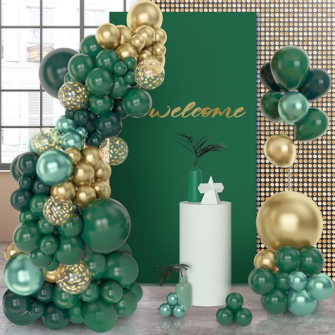 Amandir 153pcs Green and Gold Balloon Garland Arch Kit, Different Sizes 18 12 10 5 inch Green Latex Metallic Confetti Balloons for Graduation Birthday Anniversary Safari Party Decoration Supplies