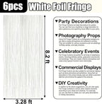 6 Pack White Foil Fringe Curtain Backdrop, 3.28Ft x 8.2Ft Metallic Tinsel Foil Fringe Streamer Curtains for Photo Booth, Birthday, Wedding, New Year Party Decorations