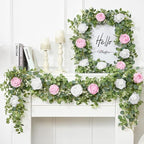 Waipfaru 6.07FT Artificial Eucalyptus Garland with Flowers, Fake Rose Gypsophila Floral Garland, Floral Vines for Wedding Table Backdrop Party Centerpiece Room Decor