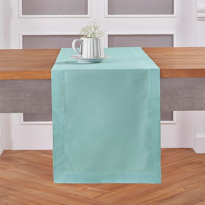 Solino Home Cotton Linen Table Runner 90 Inches Long - Hemstitch Pastel Turquoise Dining Table Runner 14 x 90 Inch