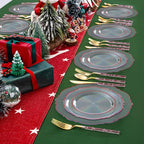 Liacere 150PCS Clear and Red Plastic Plates-Clear Red Disposable Plates with Glitter Bamboo Handle Cutlery-60 Baroque Elegant Plates,30 Forks,30 Spoons,30 Knives for Wedding&Mother's Day