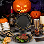 175PCS Black and Gold Plates - Black Disposable Plates for Party - 25Guests Disposable Dinnerware Set for Halloween/New Year/Wedding