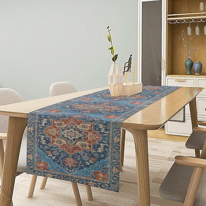Boho Floral Vintage Table Runner, Retro Abstract Blue Flower Rustic Country Farmhouse Pattern for Home Kitchen Table Decor Dining Coffee Room Party Decor 13x72in