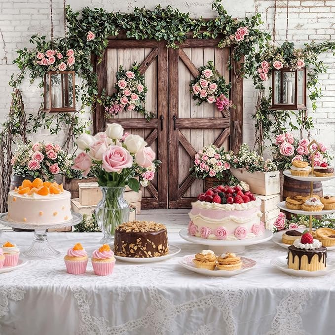 5x4ft Country Wedding Photography Backdrop Floral Rustic Roses Farmhouse Wooden Door Backdrop Pink Flower Birthday Baby Shower Wedding Bridal Party Banner Photo Booth Props Anniversary Background