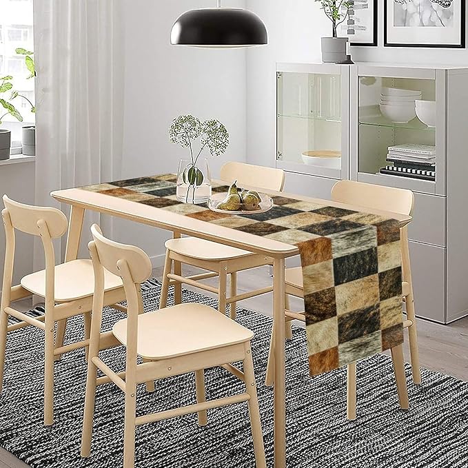 Rustic Cow Skin Patchwork Print Table Runner, Farmhouse Country Western Style Fur Table Cover for Dinning Home Party Holidays Home Setting, 13x36 Inch