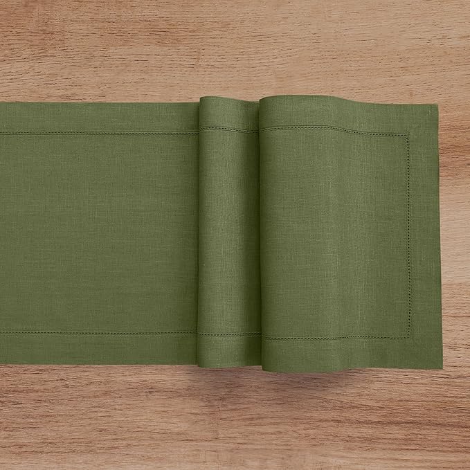 Solino Home Linen Olive Table Runner 90 Inches Long - 100% Pure Linen 14 x 90 Inch Table Runner for Fall, Autumn, Thanksgiving - Classic Hemstitch