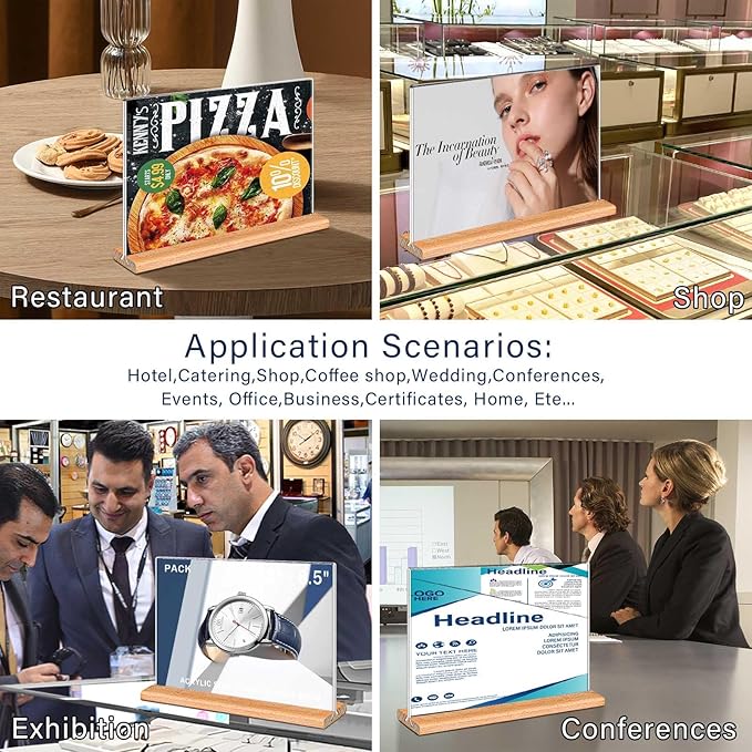 Kersally Acrylic Sign Holder 7 x 5'', 4 Pack Double-Sided Clear Table Display Stands with Wood Base,Horizontal Acrylic Frame Menu Flyer Paper Holder for Store, Restaurant, Hotel, Office, Show Fair