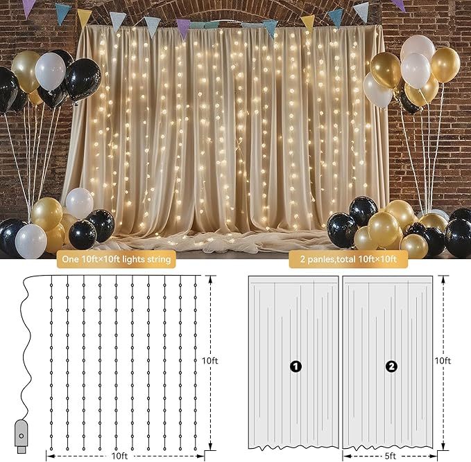 10×8ft Tulle Backdrop Curtains with Lights String - 300LED Fairy Lights Sheer Curtain Backdrop for Weddings Baby Shower and Birthday Party Decorations(6 Panels 5×8ft)