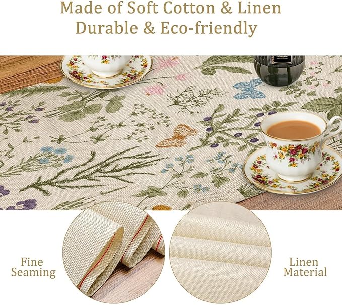 Floral Botanical Table Runner, Garden Spring Flower Botanical Butterfly Animal for Restaurant, Kitchen, Wedding, Party Rectangular Table Runner Decoration,13in（33cm） W * 108in（274cm） L