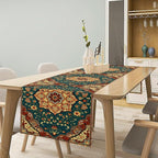 Boho Rich Table Runner, Vintage Blue Teal Gold Retro Flower Rustic Country Style Floral Print Pattern for Home Kitchen Table Decor Dining Coffee Room Garden Party Decor 13x108in