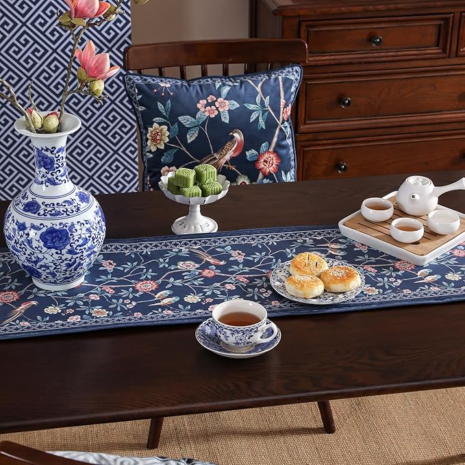 patdrea Vintage Chinoiserie Floral Table Runner Farmhouse for Home Kitchen Dining Decor Parties Family Dinners 12"*71"