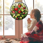 Stained Glass Window Hanging - Red Strawberry Suncatcher for Doors Window Home Green Plant Sun Catchers Decor Christmas Mother's Day Birthday Gifts for Teacher Women Men Mom Nana 6.3 in