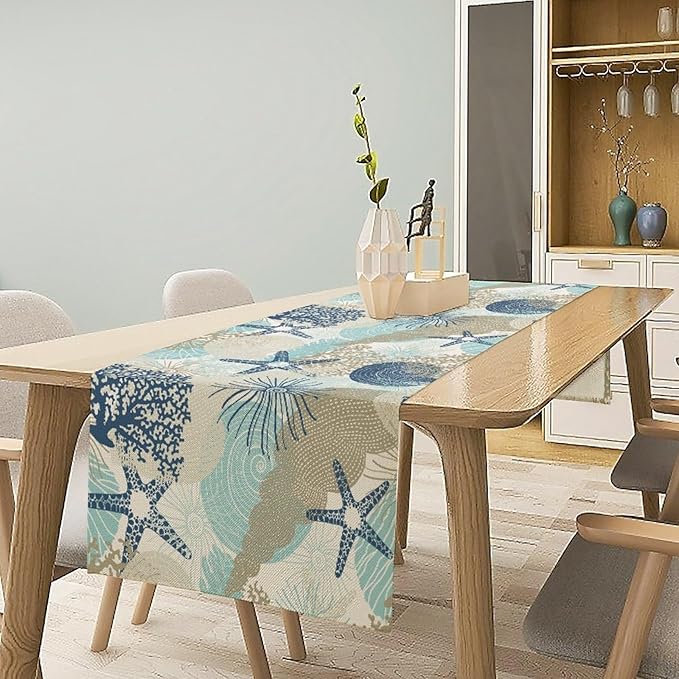 Nautical Coastal Table Runner，Ocean Themed Starfish Coral Conch Beach Kitchen Dinning Table Decoration for Indoor Outdoor Home Party Decor 13x90 Inch