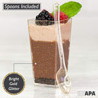 Ilyapa 3oz Plastic Dessert Cups - 100 Pack Mini Dessert Cups with Spoons - Clear Reusable Small Appetizer Cup for Cheesecake Shooters, Chocolate Mousse - Party and Catering Supplies - Square Gold