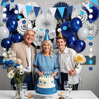 Navy-Blue White Silver Graduation Party-Decorations 33pcs Kits Banner, Paper Lantern Fans,Tissue Pom Poms Honeycomb, Streamers Tassel Garland,Bridal Shower Birthday Wedding Bachelorette Decor