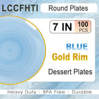 100PCS Transparent Blue Gold Plastic Plates, 7 Inch Heavy Duty Disposable Dessert Plate with Gold Rim, Round Appetizer/Salad Plates for Wedding, Party, Camping, Picnic