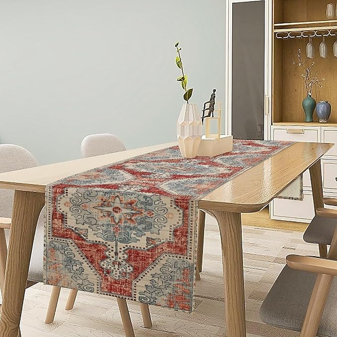 Boho Floral Vintage Table Runner, Retro Blue Red Flower Rustic Country Farmhouse Abstract Pattern for Home Kitchen Table Decor Dining Coffee Room Party Decor 13x60in