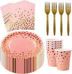 Sveikie160 Pcs Pink And Gold Paper Plates, Birthday Cake Party Plates And Napkins, Wedding Disposable Utensils For Birthday Graduation Wedding And Holiday Celebrations Serves 40 (Pink)
