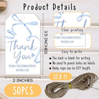Thank You Gift Labels with String, 2x3.5 Inch Thank You for Celebrating with Us Tag, Blue Bow Print, Gift Tags for Birthday Party Baby Bridal Shower Wedding Favor-A14