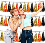 3P Orange Gold Black Metallic Fringe Tassel Banner Garland Foil Tinsel Streamer Wall Hanging Curtain Backdrop Banner for Parade Floats, Graduation Decorations, Halloween, Christmas Decorations