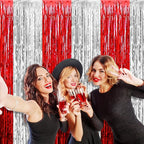 4 Pack Silver Red Foil Fringe Curtain Backdrop, 3.28Ft x 8.2Ft Metallic Tinsel Foil Fringe Streamers Curtains for Photo Booth, Wedding, Circus Welcome Carnival Birthday Party Decoration