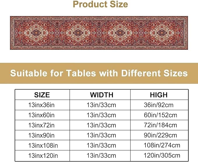 Boho Floral Vintage Table Runner, Paisley Retro Red Flower Rustic Country Farmhouse Abstract Pattern for Home Kitchen Table Decor Dining Coffee Room Party Decor 13x120in