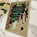 20PCS Castle Pocket Invitations, Quinceanera Invitations with Envelopes, Princess Invitation, Laser Cut quince invites (glitter light gold)