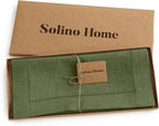 Solino Home Olive Linen Table Runner 156 Inches Long - 100% Pure Linen Classic Hemstitch Table Runner 14 x 156 Inch for Wedding, Parties, Fall, Autumn, Thanksgiving