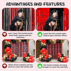 4 Pack 3.3x8.2 Feet Red and Black Foil Fringe Backdrop Curtains, Tinsel Streamers Birthday Party Decorations, Fringe Backdrop for Graduation, Baby Shower, Gender Reveal, Disco Party