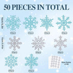 Winter Snowflake Cutouts - Glitter Paper Snowflake Decorations - 50Pcs Blue & Silver Double-Side Christmas Cutouts for Holiday Winter Wonderland Bulletin Board, Frozen Party Decor