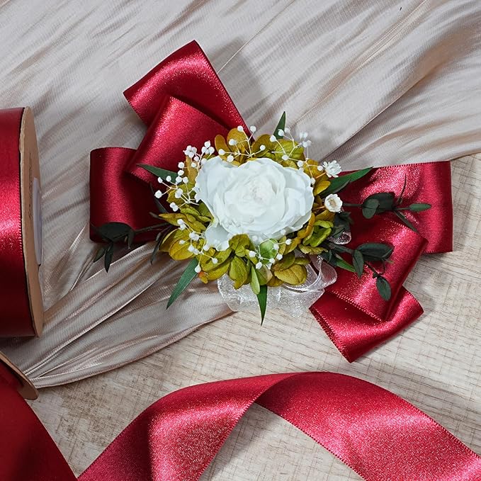 LaRibbons Burgundy Satin Ribbon 1 Inch 50 Yards Luxury Double Faced Red Silk Ribbon for Flower Bouquet Crafts Gift Wrapping Wedding Bow Christmas Decoration