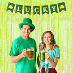 BRAVESHINE Iridescent Foil Fringe Backdrop - 2 Pack 3.2 x 6.5 ft Holographic Tinsel Curtain Party Streamers Photo Backdrop for Birthdays Dinosaur Theme Christmas Patricks Decorations - Clear Green