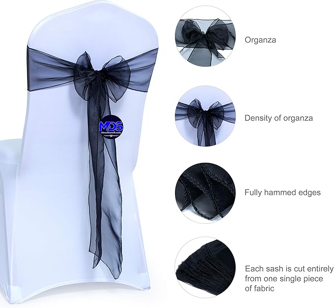 MDS Pack of 100 PCS Organza Chair Sashes Wider Dining Chair Bows Ribbon Tie Back for Wedding Party Birthday Bridal Shower Reception Event Banquet Home Chair Cover Decoration - Black