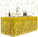 2 Pack Gold Table Skirts, 29x108" Metallic Foil Tinsel Fringe Table Skirts for Rectangle Tables Streamer Curtains Backdrop, Party Decorations for Birthdays Weddings Holidays