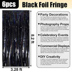 6 Pack Black Foil Fringe Curtain Backdrop, 3.28Ft x 8.2Ft Metallic Tinsel Foil Fringe Streamer Curtains for Photo Booth, Birthday, Wedding, New Year Party Decorations