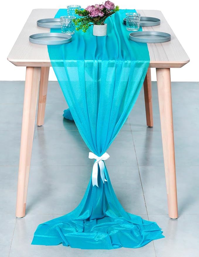 MDS 10 Pack 10ft Chiffon Table Runner 29 x 120 Inches Sheer Wedding Runner Romantic Rustic Table Runner for Wedding Decorations, Birthday Parties, Bridal Shower Party Arch Decor -Turquoise