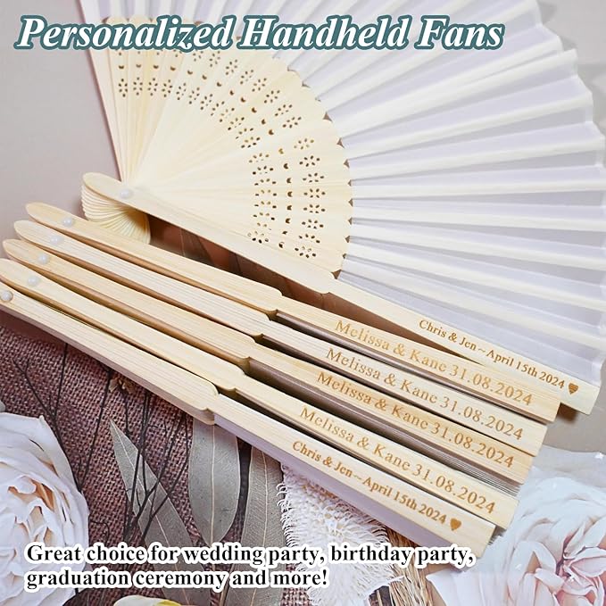 Personalized Folding Hand Fans Engraved Silk Fans, Summer Wedding Fans, Custom Silk-Bamboo Fans Wedding Party Favor Bridal Shower Gifts (30 Pieces), White