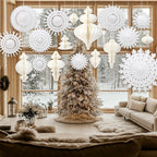 Cinnvoice 16 Pcs White Paper Snowflake Decorations 12 Pcs Christmas Paper Honeycomb Balls Ornaments Xmas Hanging Decorations Birthday Party Supplies for Christmas Tree Winter Party Wonderland