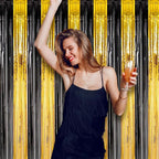 2 Pack Black and Gold Foil Fringe Backdrop Curtains, Tinsel Streamers Birthday Party Decorations, Fringe Backdrop for Graduation, Baby Shower, Gender Reveal, Disco Party