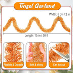 50 Feet Macaron Orange Christmas Tinsel Garland, Metallic Foil Twist Banner Wall Hanging Tinsel Streamers Backdrop for Parade Floats, Christmas, Mother's Day, Birthday Party Decorations(2in x 50ft)