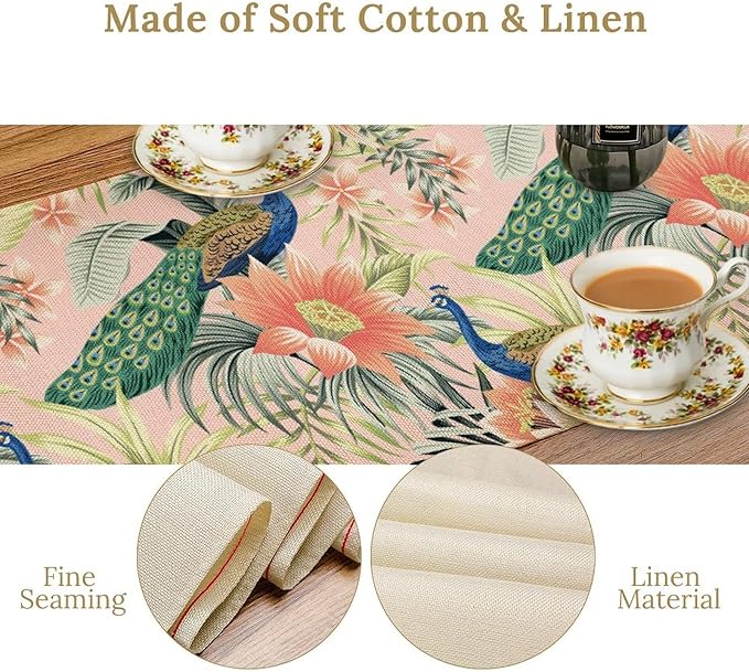 Peacock Table Runner,Pink Flower Peacock Birds Table Runner for Home Kitchen Dining Party Indoor Outdoor Decoration 13x90 Inch