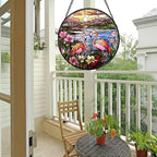 Stained Glass Window Hanging - Flamingo Wildflowers Landscape Suncatcher for Door Terrace Garden Home Decor Sunset Lake Sun Catcher Birthday Gifts for Lovers Women Men Dad Mom Nana 11.8 in
