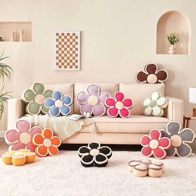 Flower Pillow, Soft Shaped Floor Cushion, Decorative Throw Pillow, Cute Seating Cushion, Room Decor Plush Pillows for Sofa Couch Bed (17.7 Inch, Black)