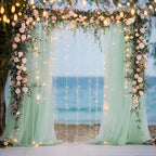 Tulle Backdrop Curtain with Lights String 10FT X 10FT Sage Green Sheer Tulle Backdrop Curtains for Wedding Birthday Party Reception Photo Booth Background Decorations (2 Panels 5x10FT)
