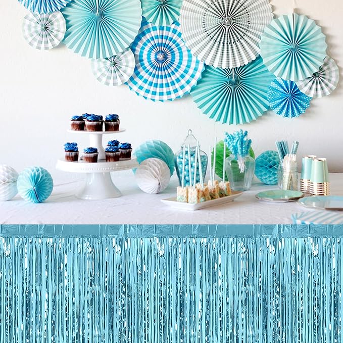 3 Pack 29 x108 Inch Light Blue Foil Fringe Table Skirts Metallic Banner for Tinsel Streamer Garland Backdrop for Parade Floats Wedding Thanksgiving Birthday Christmas New Year Party Decoration