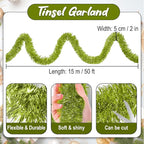 50 Feet Light Green Christmas Tinsel Garland, Metallic Foil Twist Banner Wall Hanging Tinsel Streamers Backdrop for Parade Floats, Christmas, Mother's Day, Birthday Party Decorations(2in x 50ft)